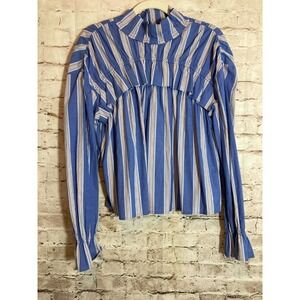 Maison Cinqcent Top Womens Small Blue Striped Ruffle Neck Puff Sleeve Romantic